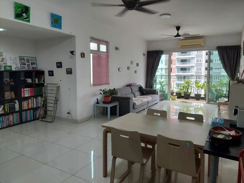 Living features: grey fabric sofa, coffee table, wall-mounted TV, bookshelf with books, white tiled flooring, ceiling fan, large windows with sheer curtains, greenery view from balcony, decorative wall art, air conditioning unit; style: modern; view: garden. Dining features: wooden dining table, 4 wooden chairs, tableware on the table; style: modern.