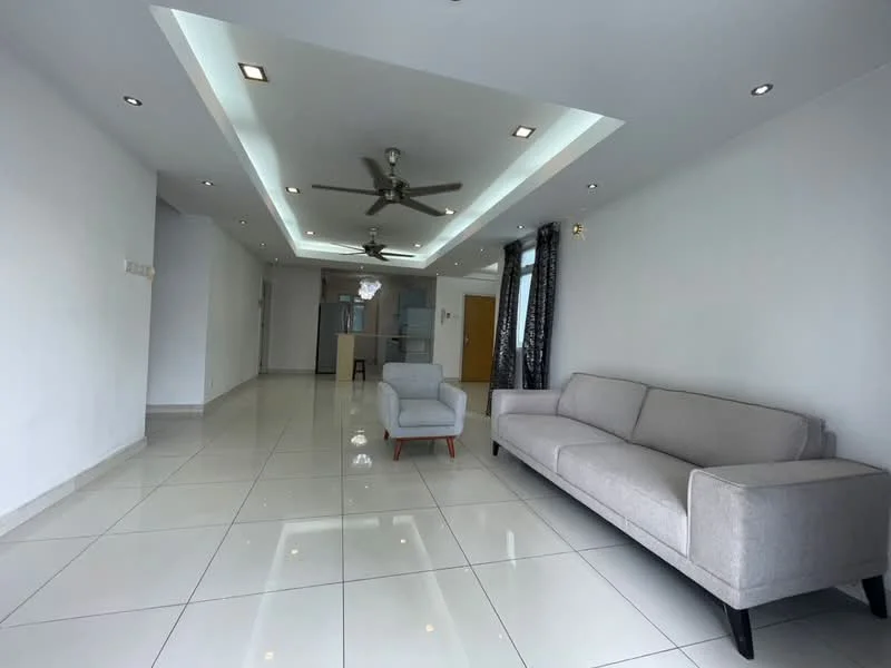 Living features: white painted walls, glossy white tile flooring, tray ceiling with recessed lighting, 5-blade ceiling fan with light, large windows with sheer curtains, sofa in light grey fabric, armchair in light grey fabric, decorative wall sconces, open layout to kitchen, neutral color palette; style: modern.