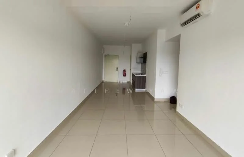 Room features: white painted walls, glossy beige tile flooring, 1 wall-mounted split AC, recessed downlights, open space layout, kitchenette area visible, doorway leading to another room, fire extinguisher mounted on wall; style: modern.