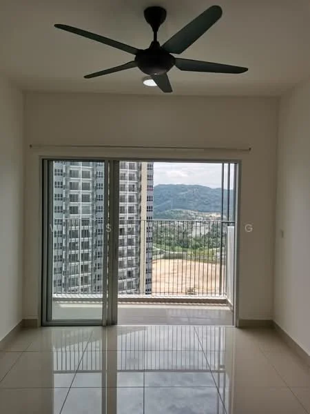 Room features: 5-blade ceiling fan, floor-to-ceiling sliding glass door, white painted walls, glossy ceramic tile flooring, mountain view from balcony, natural light from large windows; style: modern; view: mountain.