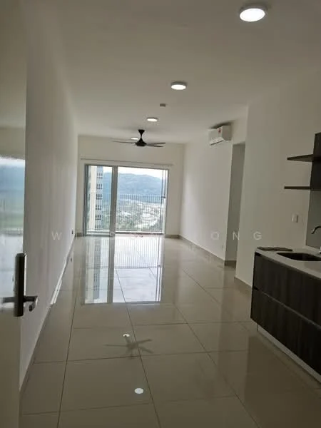 Living features: white painted walls, glossy tile flooring, 5-blade ceiling fan with light, floor-to-ceiling windows, sliding glass door, city view, recessed downlights, air conditioning unit, open kitchen layout, dark wood cabinetry; style: modern; view: city.
