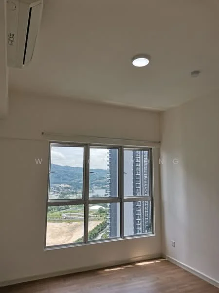 Room features: white painted walls, laminate flooring, floor-to-ceiling windows, mountain view, 1 wall-mounted split AC, recessed ceiling light; style: modern; view: mountain.