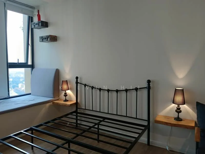 Bedroom features: black metal bed frame, wooden bedside tables, table lamps with black shades, window with city view, window seat with cushion, light-colored walls, laminate flooring, decorative shelving unit; style: modern; view: city.