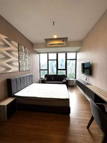 Bedroom features: queen-size bed, upholstered headboard, 2 bedside tables, wall-mounted TV, sofa, large windows with city view, wooden flooring, recessed ceiling lights, air conditioning unit, decorative wall art, built-in storage unit; style: modern; view: city.