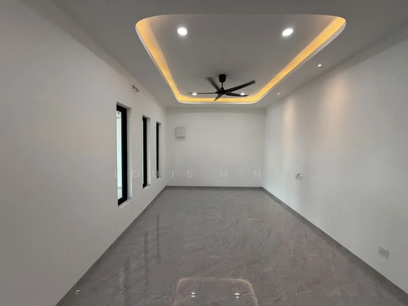 Living features: white painted walls, grey polished tile flooring, tray ceiling with LED lighting, 5-blade ceiling fan, floor-to-ceiling windows, 1 wall-mounted split AC; style: modern.