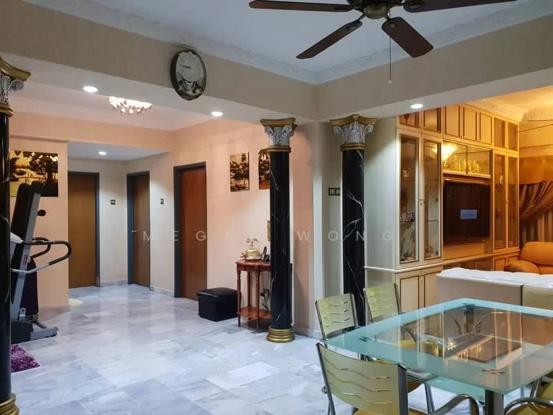 Living features: marble tile flooring, cream painted walls, exposed ceiling with crown moulding, 5-blade ceiling fan with light, wall-mounted TV, sofa in beige, glass dining table with metal legs, decorative wall art, built-in cabinetry with glass doors, column features with black and gold accents; style: modern. Hallway features: marble tile flooring, cream painted walls, wooden doors, decorative wall art.