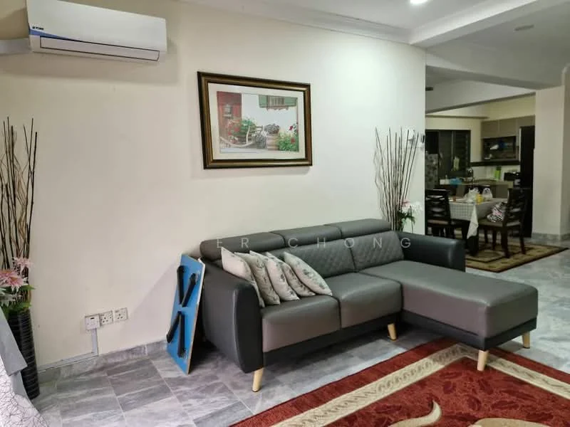 Living features: 3-seater fabric sofa in grey, decorative cushions, area rug with geometric pattern, wall-mounted split AC, framed artwork on wall, light-colored walls, tile flooring, recessed lighting, dining area visible in background; style: modern.