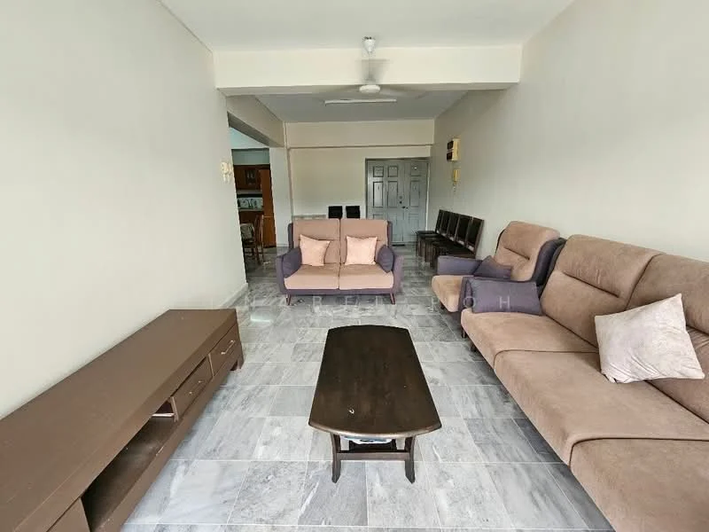 Living features: 2-seater fabric sofa in beige, 3-seater fabric sofa in light brown, wooden coffee table, TV console, marble tile flooring, ceiling fan, wall-mounted TV, decorative cushion on sofa, neutral painted walls, large windows for natural light; style: modern.