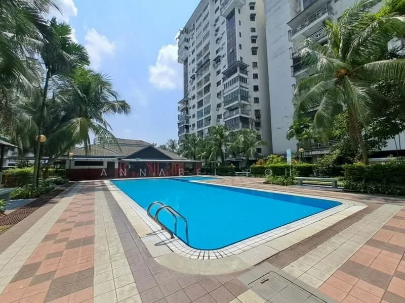 Exterior type: high-rise condominium; features: swimming pool, pool deck with loungers, tropical landscaping, palm trees, manicured lawn, surrounded by greenery, paved walkway, outdoor dining pavilion; style: modern.