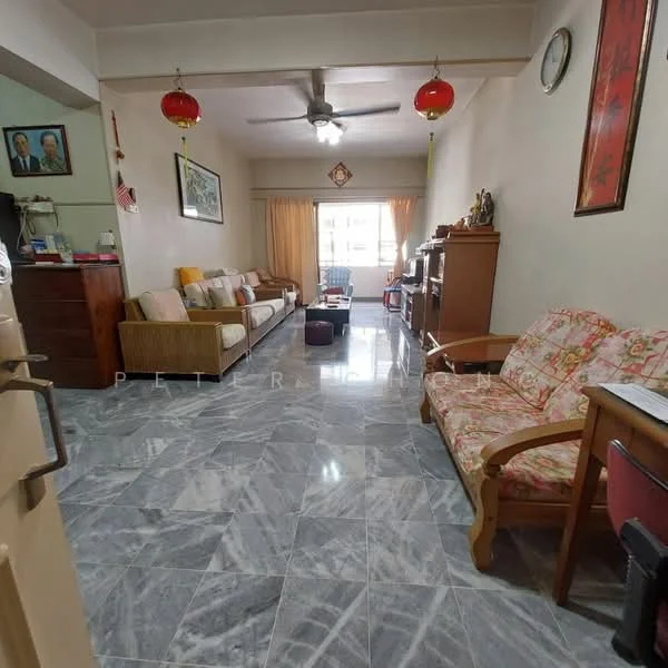 Living features: marble tile flooring, cream painted walls, 5-blade ceiling fan with light, sofa set with beige upholstery, wooden coffee table, wooden sideboard, decorative wall clock, curtains, large window with natural light, two armchairs, framed artwork on walls, wall-mounted shelves; style: traditional.