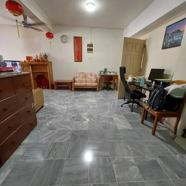 Living features: grey marble tile flooring, white painted walls, ceiling fan, wall-mounted TV, wooden dresser, wooden desk with chair, upholstered armchair, sofa with floral pattern, decorative wall art, light fixture, Chinese lanterns; style: contemporary.