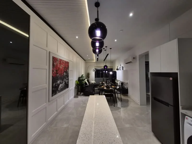 Kitchen features: white painted walls, grey accent wall, marble countertop, stainless-steel fridge, built-in oven, freestanding range oven, pendant lighting, recessed downlights, open shelving, black dining table with chairs, sofa in dark fabric, decorative wall art, indoor plants, tile flooring; style: modern.