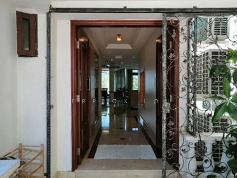 Room features: double wooden doors with wrought iron grille, marble flooring, recessed ceiling lights, wall-mounted air conditioning units, decorative wall paneling, open hallway leading to living area, natural light from windows, indoor plants, white walls; style: modern.