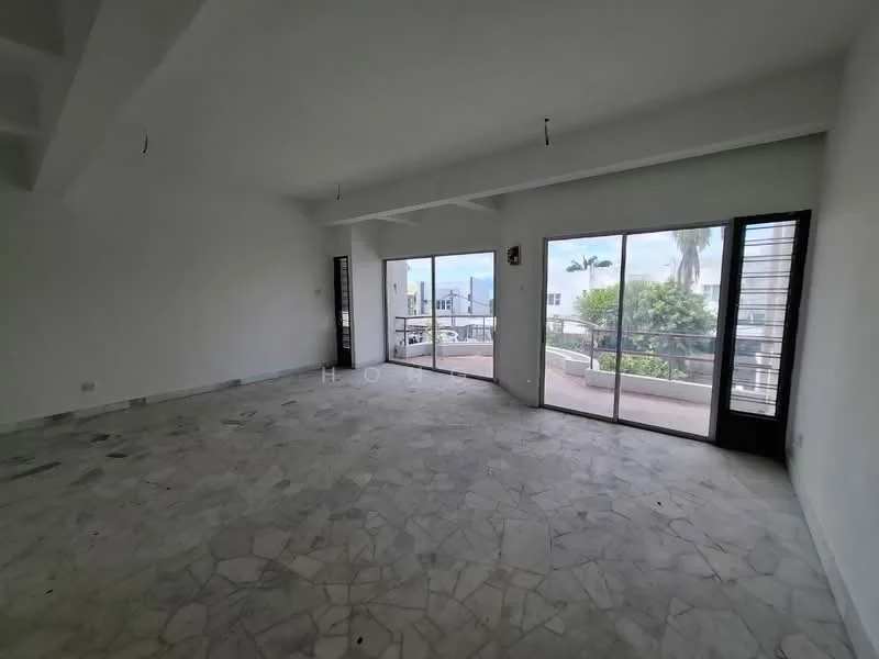 Room features: marble flooring, white painted walls, floor-to-ceiling windows, sliding glass door, exposed ceiling beams, balcony access, natural light, city view; style: modern; view: city.