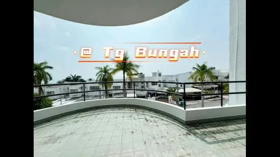 Room features: balcony with railing, tiled flooring, palm trees visible, city view, overhead curved ceiling, outdoor space; style: modern; view: city.