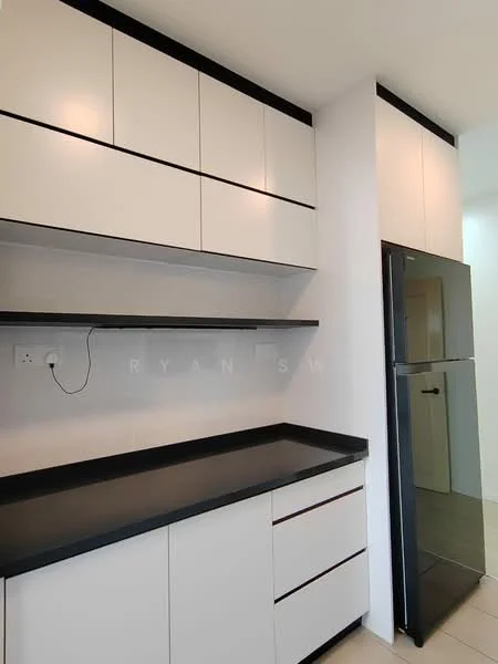 Kitchen features: white cabinetry with flat-panel doors, black countertop, built-in refrigerator, open shelving above countertop, wall-mounted electrical outlet, light-colored wall tiles, neutral floor tiles, minimalist design; style: modern.