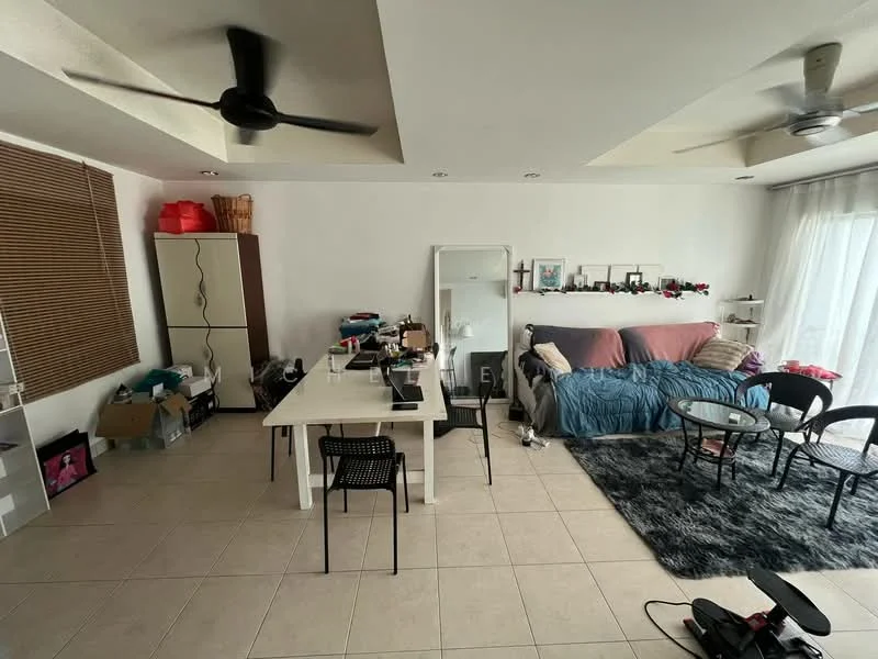 Living features: light-coloured tiled flooring, white painted walls, tray ceiling, 2 ceiling fans, sofa with blue bedding, glass coffee table, dining table with 4 black chairs, black shelving unit, window with sheer curtains, decorative items on shelves, storage boxes, area rug; style: modern.