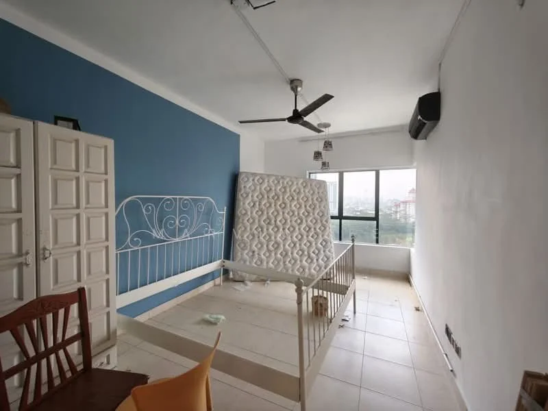 Bedroom features: white painted walls, blue accent wall, tile flooring, 5-blade ceiling fan, floor-to-ceiling window, window with city view, built-in wardrobe with white doors, unmade bed frame without mattress, wooden dining chair, plastic chair; style: modern; view: city.