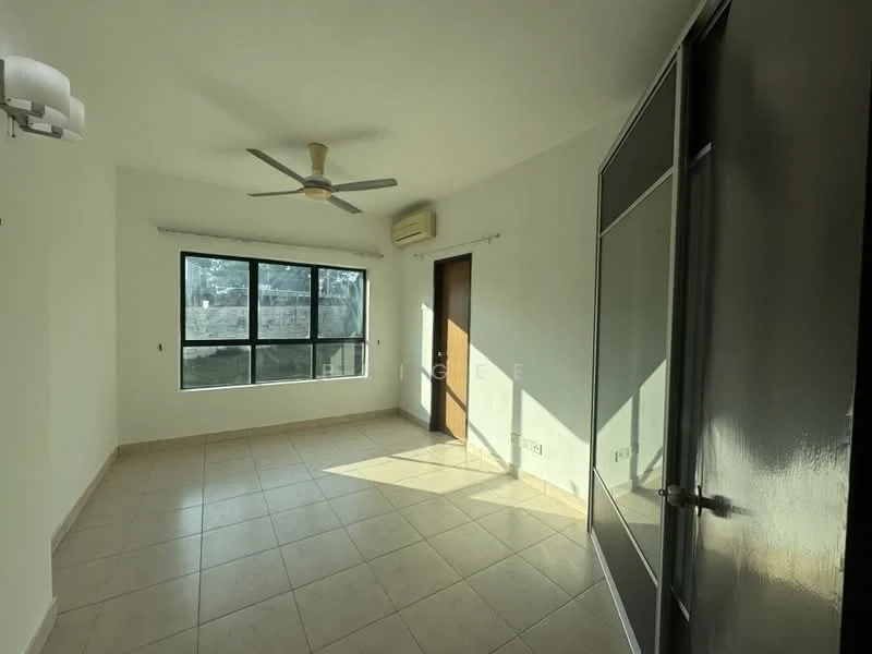 Room features: white painted walls, tile flooring, 5-blade ceiling fan, floor-to-ceiling windows, sliding glass door, built-in wardrobe, window treatments, air conditioning unit; style: modern.