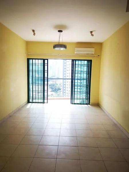Living features: yellow painted walls, tile flooring, floor-to-ceiling windows, sliding glass door, 2-panel window with black grills, 1 ceiling light fixture, 1 wall-mounted split AC; view: city.