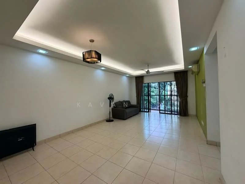Living features: cream painted walls, green accent wall, tile flooring, recessed downlights, ceiling fan, chandelier, floor-to-ceiling windows, sliding glass door, curtains, sofa in grey, TV console, decorative wall, area rug; style: modern; view: garden.