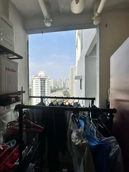 Laundry features: clothes drying rack, window with city view, white walls, exposed pipes, shelves, laundry basket, clothes hanging, light source; view: city.