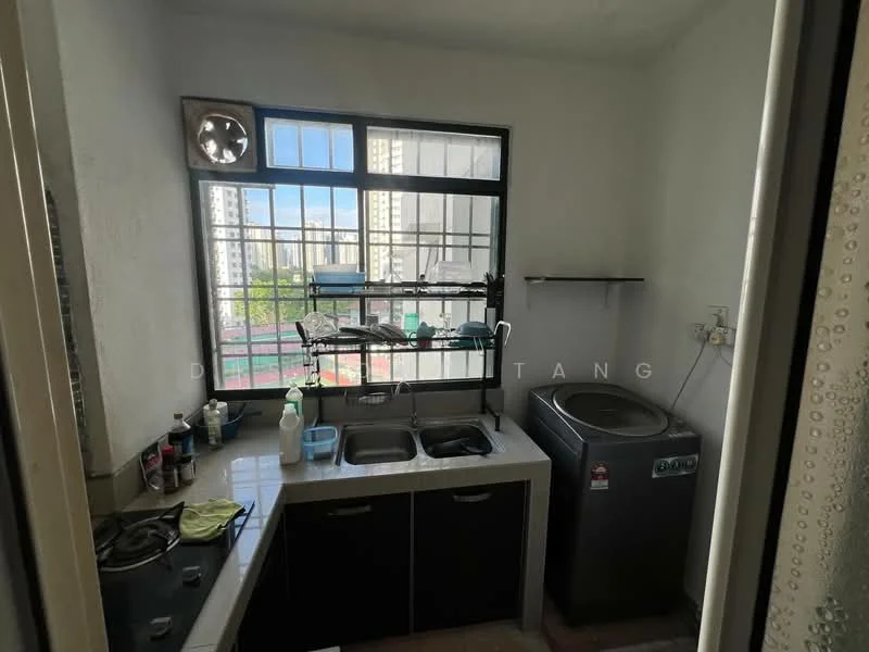 Kitchen features: double-bowl stainless-steel sink, chrome pull-down faucet, black cabinetry, white countertop, built-in gas hob, wall-mounted shelf, window with city view, washing machine, tile flooring, painted walls; style: modern; view: city.