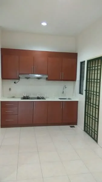 Kitchen features: brown wooden cabinetry, white countertop, stainless-steel sink, chrome pull-down faucet, 4-burner gas hob, built-in range hood, ceramic tile flooring, recessed downlights, window with grid design, wall-mounted storage rack; style: modern.