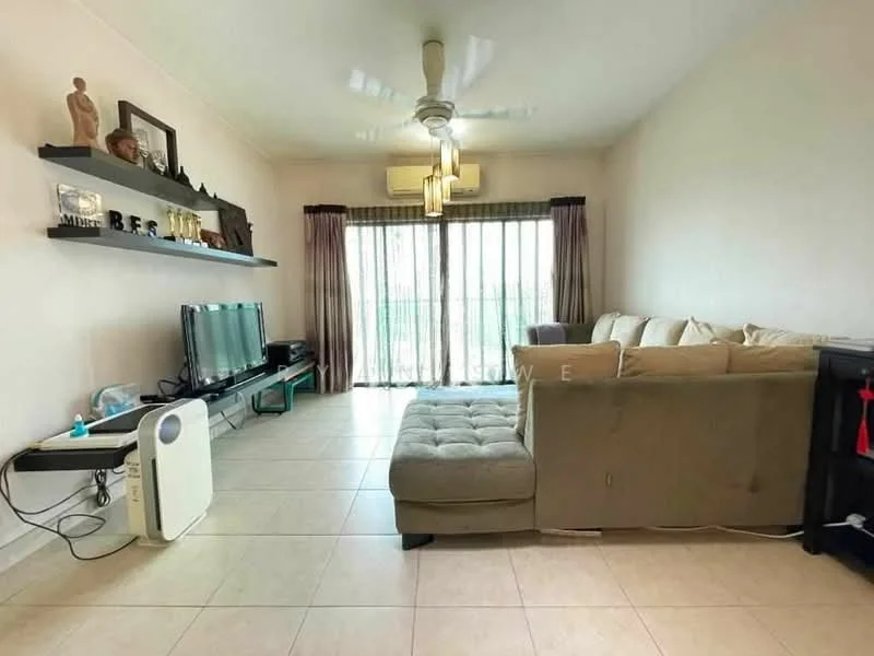 Living features: 3-seater fabric sofa in beige, coffee table, wall-mounted TV, TV console, ceiling fan with light, floor-to-ceiling windows, sheer curtains, tile flooring, decorative wall shelf, air purifier, decorative items on shelf; style: modern; view: garden.