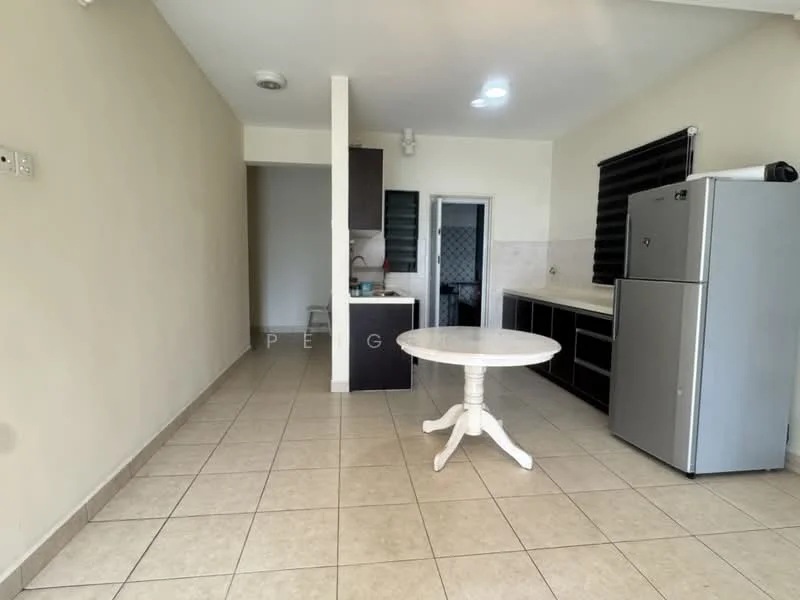 Kitchen features: cream painted walls, tile flooring, refrigerator, round dining table, black cabinetry, countertop, kitchen sink, window with black blinds; style: modern.