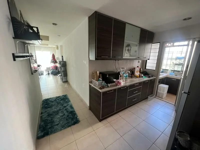 Kitchen features: dark wood cabinetry, granite countertop, stainless-steel fridge, built-in oven, sink, window with grid design, tile backsplash, ceramic tile flooring, recessed lighting; style: modern. Room features: light-colored walls, tile flooring, decorative rug, open layout, natural light from window.