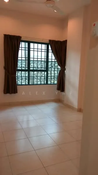Room features: cream painted walls, white ceiling, floor-to-ceiling window, brown curtains, tile flooring, 1 ceiling fan, corner window, neutral color scheme; style: modern; view: city.