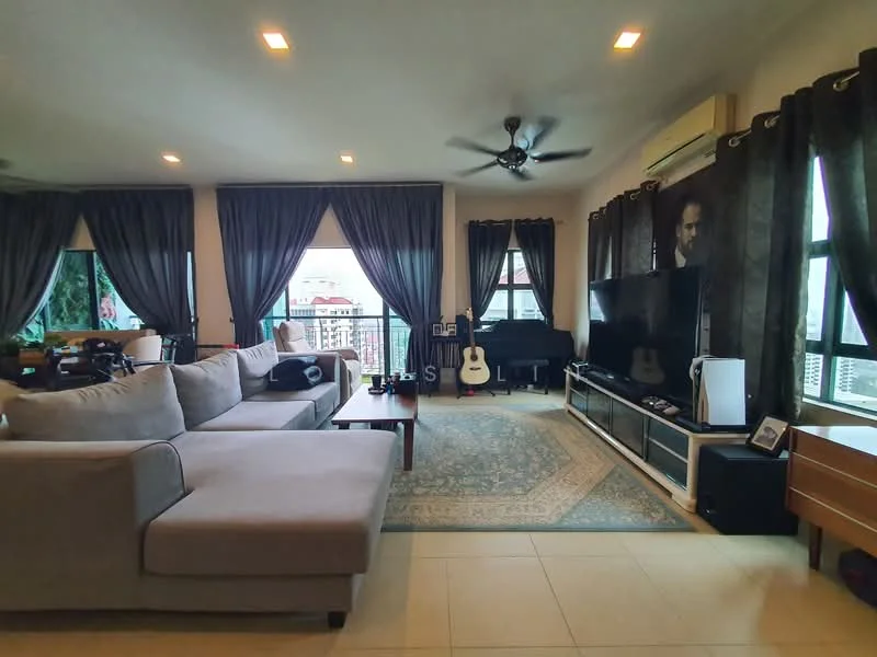 Living features: L-shape sectional sofa in grey, wood coffee table, TV console, wall-mounted TV, area rug with geometric pattern, 5-blade ceiling fan with light, floor-to-ceiling windows, blackout curtains, cream painted walls, tile flooring, decorative wall art, built-in shelving unit; style: contemporary; view: city.