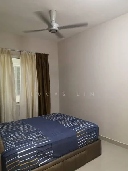Bedroom features: queen-size bed with patterned bedding, 5-blade ceiling fan, white painted walls, cream tiled flooring, floor-to-ceiling window, sheer curtains, dark brown curtains, built-in wardrobe; style: modern.