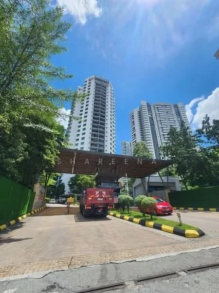 Exterior type: high-rise condominium; features: modern facade, glass curtain wall, approximately 20-storey high-rise, manicured lawn, mature trees, paved driveway, security gate, entrance signage, surrounded by greenery; style: modern.