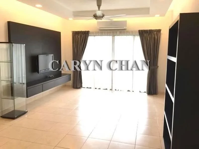 Living features: cream tiled flooring, white painted walls, ceiling fan, recessed downlights, wall-mounted TV, black entertainment unit, glass display cabinet, floor-to-ceiling windows with sheer curtains, sliding glass door, curtains, open layout; style: modern.
