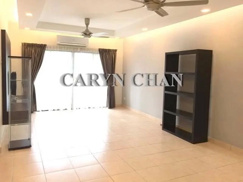 Living features: cream painted walls, tile flooring, 5-blade ceiling fan with light, floor-to-ceiling windows, sheer curtains, sliding glass door, recessed downlights, built-in shelving unit, area rug; style: modern.
