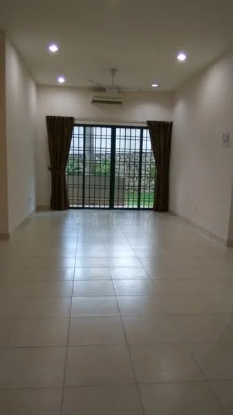 Living features: white painted walls, ceramic tile flooring, 5-blade ceiling fan, recessed LED downlights, floor-to-ceiling windows, sliding glass door, brown curtains, view of garden; style: modern; view: garden.