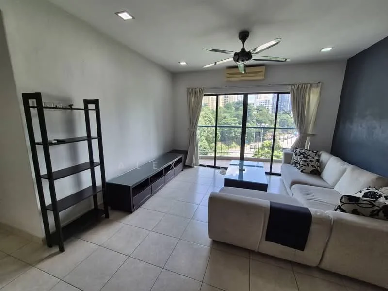 Living features: L-shape sectional sofa in white, black and white decorative cushions, glass coffee table, TV console with storage, open shelving unit, floor-to-ceiling windows, curtains, ceiling fan with light, wall-mounted air conditioning unit, cream tiled flooring, accent wall in dark color; style: modern; view: garden.