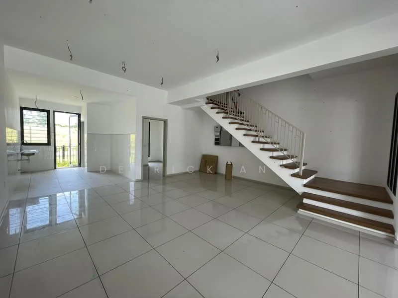 Living features: white painted walls, glossy ceramic tile flooring, large windows with black frames, staircase with wooden steps and white railing, open layout, high ceiling, recessed lighting, no visible furniture; style: modern; view: garden. Kitchen features: white tiled walls, glossy ceramic tile flooring, large window with black frame, open layout to living area, no visible appliances or cabinetry; style: modern; view: garden.
