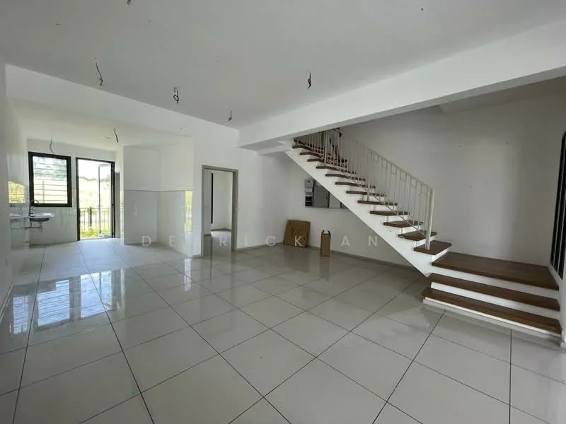 Living features: white painted walls, glossy white tile flooring, large windows with black frames, open layout, staircase with wooden treads and white railing, recessed ceiling lights, no visible furniture, high ceiling; style: modern; view: garden. Kitchen features: white tiled backsplash, open kitchen layout, kitchen island, no visible appliances, large window, white cabinetry; style: modern; view: garden.