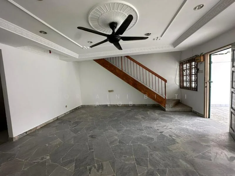 Living features: slate tile flooring, white painted walls, tray ceiling with decorative moulding, 5-blade ceiling fan, wooden staircase, large window with security bars, door leading outside, corner wall with window; style: modern.