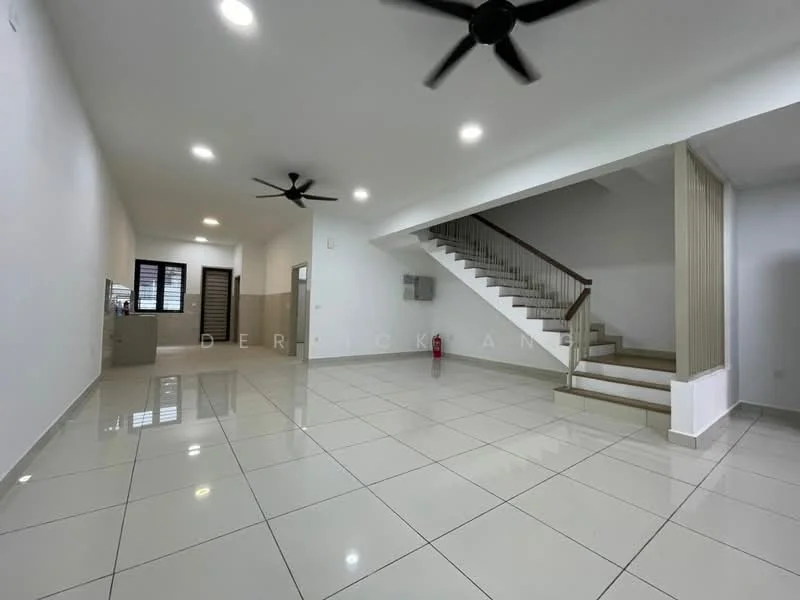 Living features: white painted walls, glossy ceramic tile flooring, 2 ceiling fans, staircase with wooden railing, open layout, large windows, fire extinguisher, wall-mounted mailbox; style: modern.