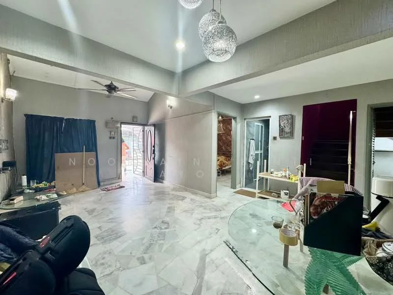 Room features: marble flooring, grey painted walls, ceiling fan, recessed downlights, decorative pendant lights, open layout, large windows, staircase visible, partition wall, furniture pieces, decorative wall art; style: modern.