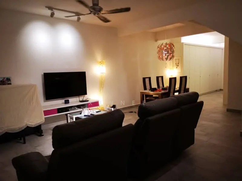 Living features: 3-seater fabric sofa in dark grey, wall-mounted TV, TV console, ceiling fan, recessed downlights, decorative pendant light, light-coloured walls, grey tiled flooring, open layout to dining area, built-in cabinets in hallway; style: modern.