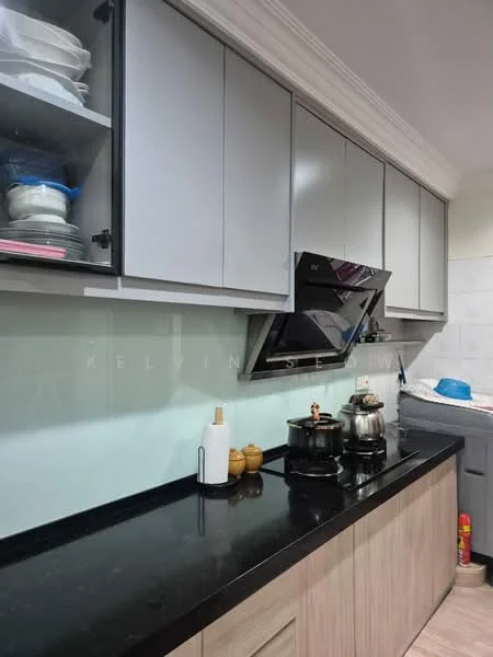 Kitchen features: grey cabinetry, black granite countertop, stainless-steel stove, stainless-steel kettle, stainless-steel pot, white ceramic dish, glass-front upper cabinets, white backsplash, sink with faucet, kitchen utensils, blue container, wall-mounted range hood; style: modern.