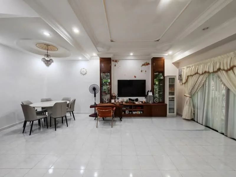 Living features: white painted walls, glossy tile flooring, tray ceiling with chandelier, large wall-mounted TV, wooden TV console, glass display cabinet, ceiling fan, curtains with valance, dining table with 6 chairs, decorative wall accents, air conditioning unit; style: modern.