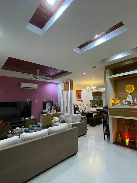 Living features: cream painted walls, purple accent wall, polished tile flooring, tray ceiling with recessed lighting, 5-blade ceiling fan with light, wall-mounted TV, sofa with decorative cushions, coffee table, decorative wall art, built-in shelving unit, dining area visible in background, chandelier, decorative items on shelves; style: modern.