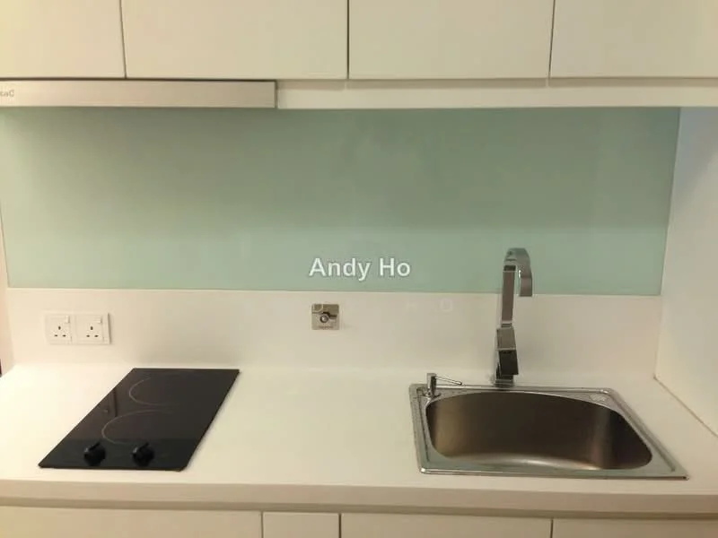 Kitchen features: single-bowl stainless-steel sink, chrome pull-down faucet, white quartz countertop, glass backsplash, built-in electric cooktop with two burners, white cabinetry, under-cabinet lighting; style: modern.