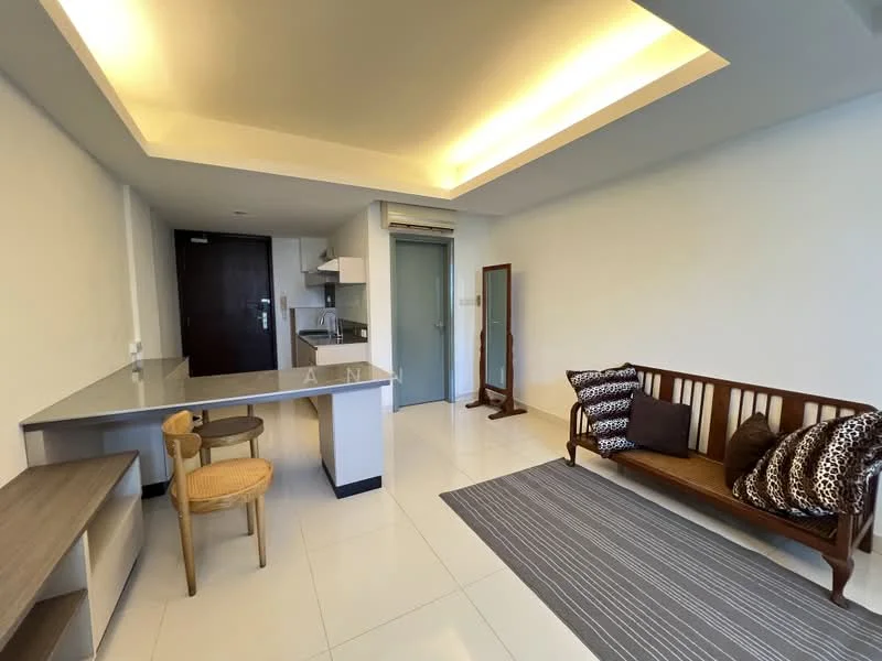Living features: white painted walls, tray ceiling with recessed lighting, glossy tile flooring, wooden sofa with cushions, area rug with striped pattern, dining table with two chairs, full-height glass door, mirror on stand, open layout, natural light from window; style: modern.